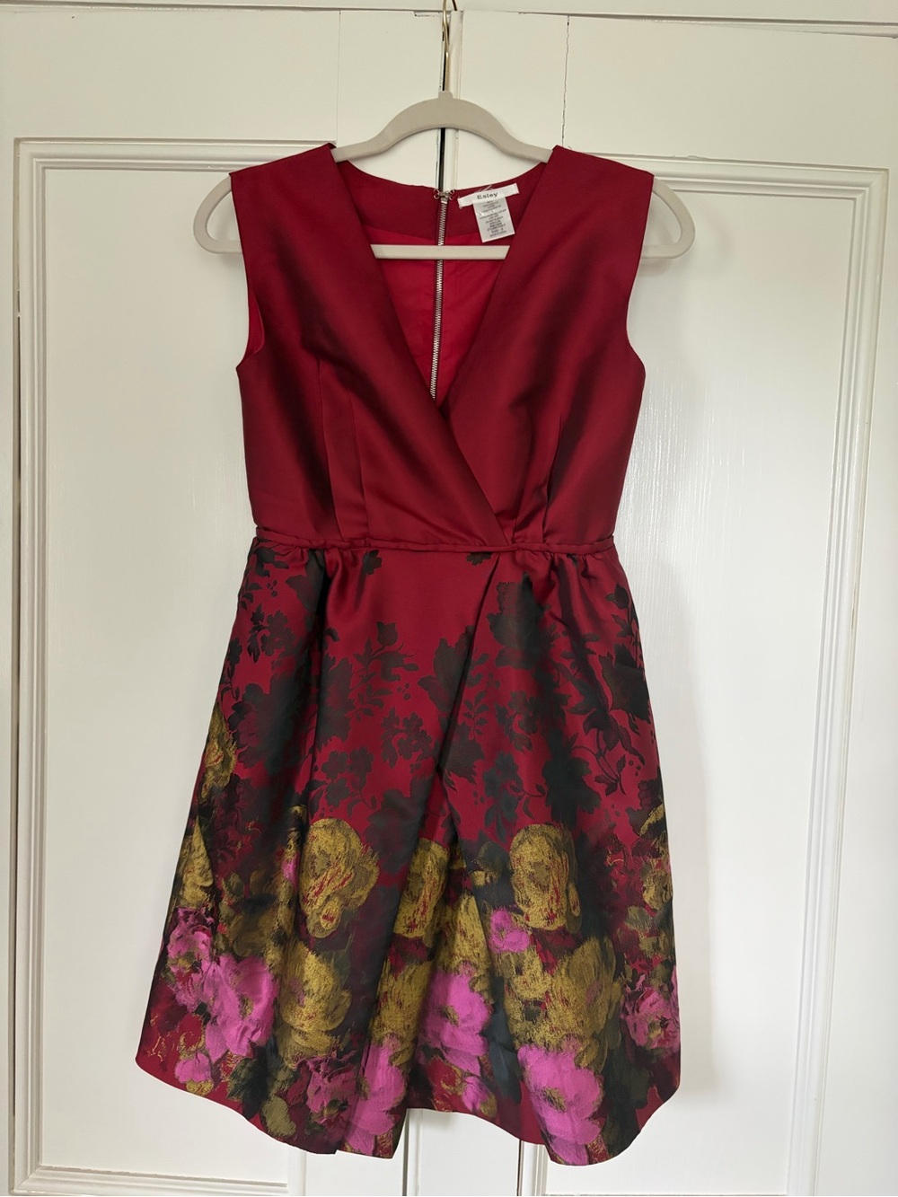 Esley Red Floral A-Line Dress with Gold & Pink Accents